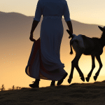 Uette of a family of three, walking hand in hand with a baby goat, silhouetted against a backdrop of rolling hills and a setting sun