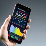 Holding a smartphone with a colorful graph of stock prices on the screen, with an alert symbol in the corner