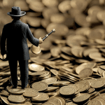 Onish image of a gambler standing on a pile of coins, holding a magnifying glass, looking off into the distance