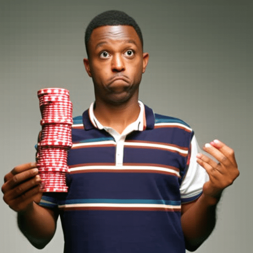 N in a casino holding a stack of chips, with a worried expression and a pile of chips in front of them