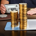 N holding a stack of coins, with a calculator and a racing form in the background