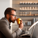 L of a person behind a computer, holding a cup of coffee and squinting at the screen with a determined expression, poised to make a successful bet