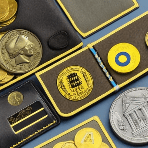 W and black wallet with a blue lightning bolt on it, surrounded by coins and tokens of different colors