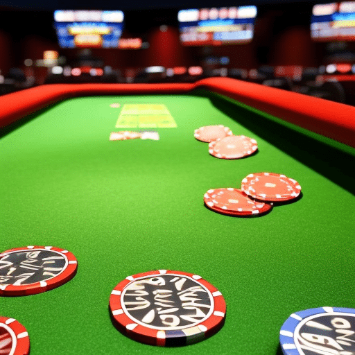 E of a colorful 3D casino landscape with 3D chips, cards, and dice scattered across the floor