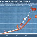 of cryptocurrency prices with arrows showing upward or downward trends, accompanied by a visual representation of a predictive model