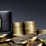 wallet with a silver dollar sign on it, sitting atop a pile of golden coins