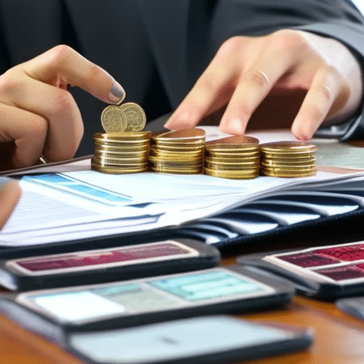 N counting out coins from a wallet, with multiple wallets stacked neatly in the background, surrounded by a chart of data and graphs