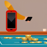 Stration of a person with a smartphone, holding a cryptocurrency wallet, placing a bet with a stack of coins on a virtual gambling table