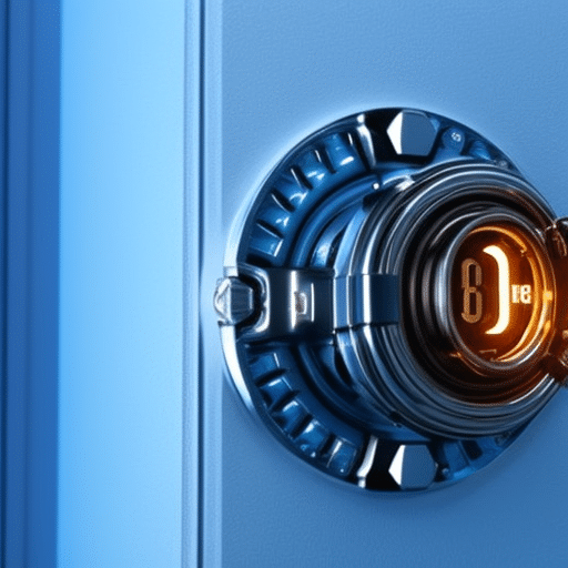 Ic of a safe with a combination lock illuminated by a bright, icy blue light