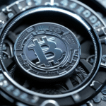 -up of an intricate lock with a large crypto coin in front of it, surrounded by an illuminated light