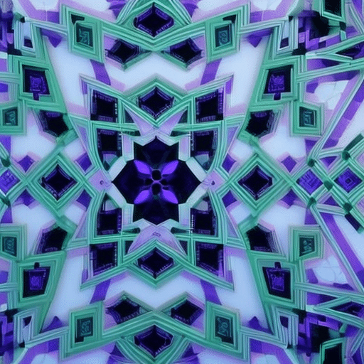 T geometric shapes in shades of blue, purple, and green, arranged in a visually-pleasing pattern to illustrate the correlation among XRP, Bitcoin, and Ethereum