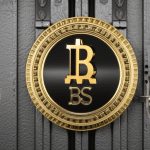 N with their arms crossed, standing in front of a barred door with a padlock on it and a bitcoin logo in the center