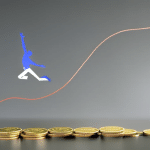 of a human silhouette jumping over a line of digital currency coins with a 'no' symbol in the foreground
