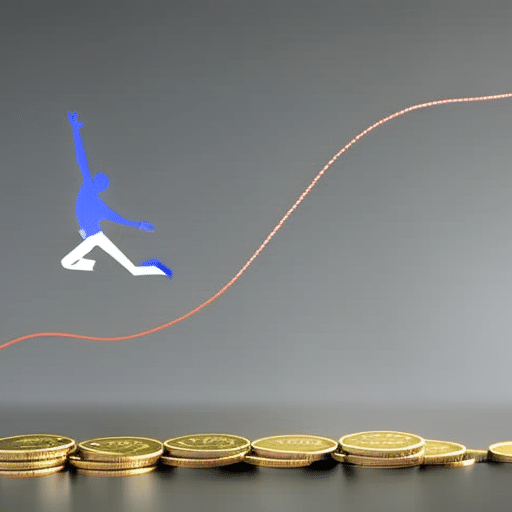  of a human silhouette jumping over a line of digital currency coins with a 'no' symbol in the foreground