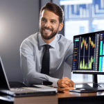 image of a digital currency trader in front of a computer screen, with highlighted charts and graphs of fluctuations in the market, ready to make their next move