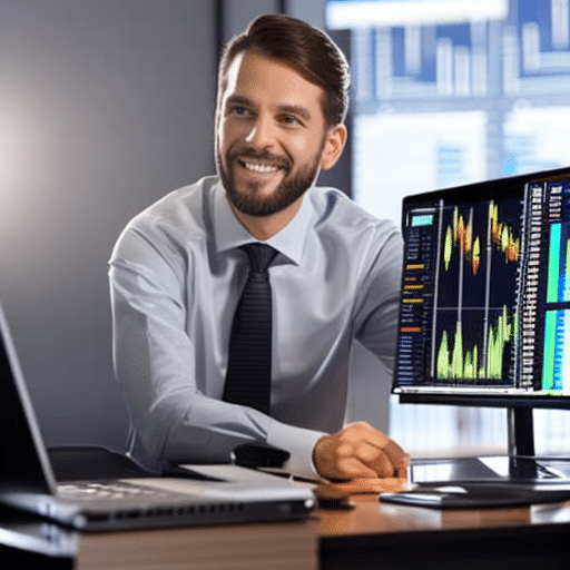  image of a digital currency trader in front of a computer screen, with highlighted charts and graphs of fluctuations in the market, ready to make their next move