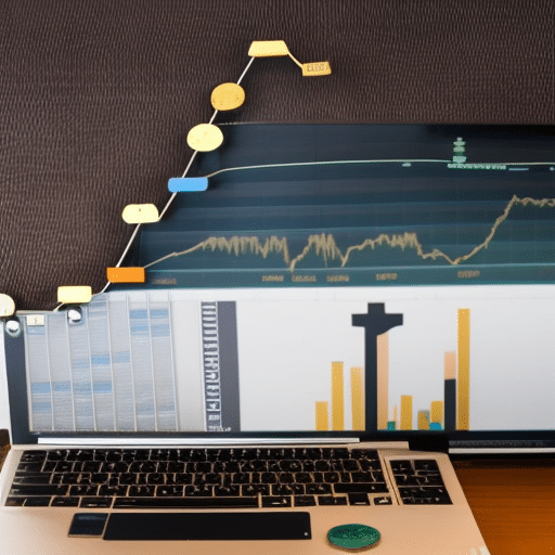 E of a person in front of a laptop with a graph of a rising line and a pile of coins representing different currencies