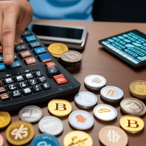 -up of a person's hands making a series of complex calculations on a calculator, surrounded by a stack of colorful crypto coins, with a laptop in the background displaying a betting exchange chart