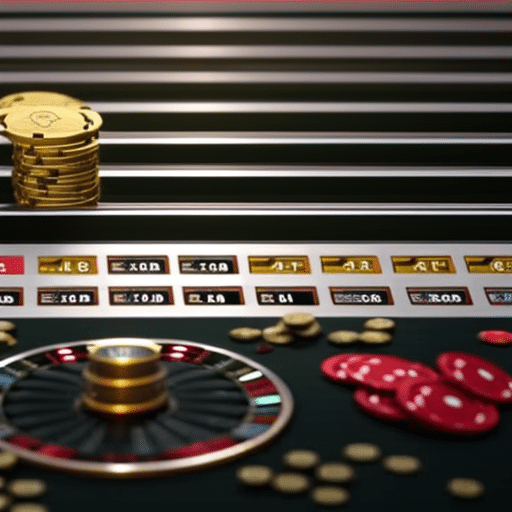 Al coin flipping in a casino setting, with a pile of chips, a large stack of cryptocurrency, and a chart tracking investment data