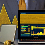 N in a business suit counting stacks of gold coins, a laptop displaying a graph of increasing profits, and a colorful crypto-coin in the background