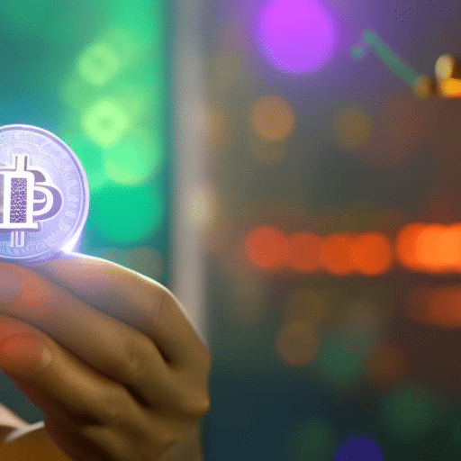 Holding a stack of colored coins, with a padlock in the other hand, in front of a glowing blockchain