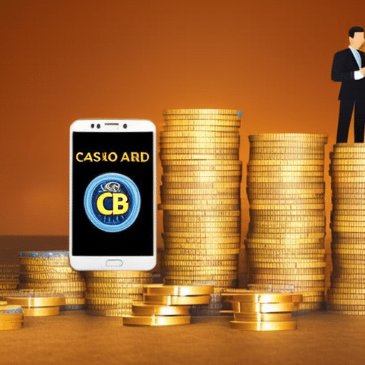 A person at a casino table, surrounded by stacks of gold coins, confidently holding a mobile device with a large, glowing crypto wallet logo