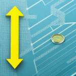 Yellow arrow pointing up on a graph, with a background of blue and white XRP coins and a magnifying glass hovering above