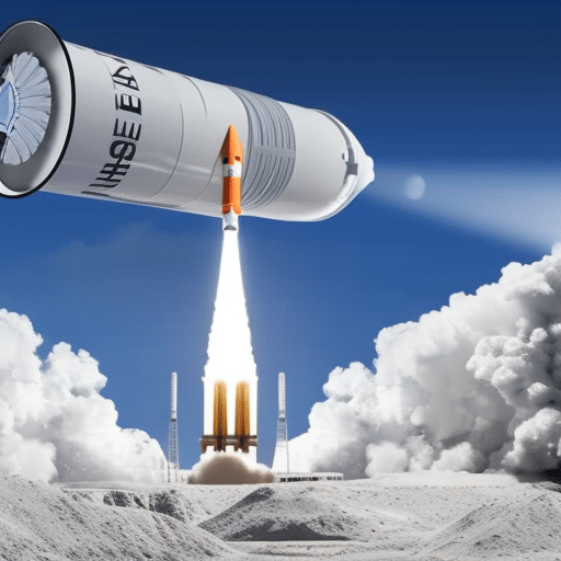 Ract representation of a rocket blasting off from a launch pad, with the XRP cryptocurrency logo in the forefront and a $500 USD bill in the background