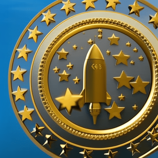 Ation of a large, golden, rocket-shaped XRP coin shooting up to the sky, with several smaller coins in its wake