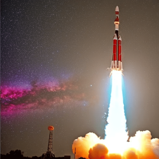 An image of a rocket blasting off with the number 500 in bright colors on the side