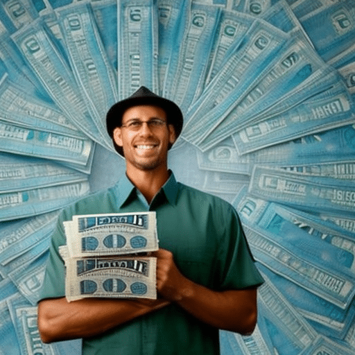 An image of a person holding a stack of $500 bills with a blue-green dollar sign appearing in the background