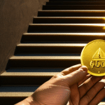 golden XRP coin, held in a person's hand, pointing upwards and shining a light on a stairway leading up to a large $500 gold coin