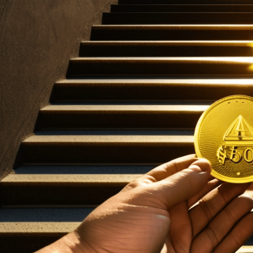  golden XRP coin, held in a person's hand, pointing upwards and shining a light on a stairway leading up to a large $500 gold coin