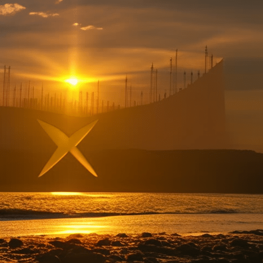 N sunrise illuminating a large XRP logo silhouetted against a sky of rising $500 bills