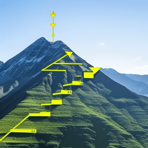 T yellow chart showing the steady growth of XRP over time with an arrow that points to the highest peak