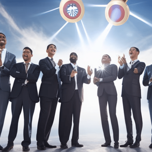 Stration of a group of people in formal attire, looking up in awe and amazement at a giant XRP coin in the sky, with beams of light radiating from it