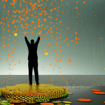 Stration of a person looking up to the sky, hands raised with a mix of hope and uncertainty, as bright green and orange XRP coins rain down from the sky