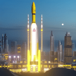 Istic city skyline with a rocket soaring in the sky, a bright yellow XRP logo illuminated in the night, and a rising graph representing the long-term projection