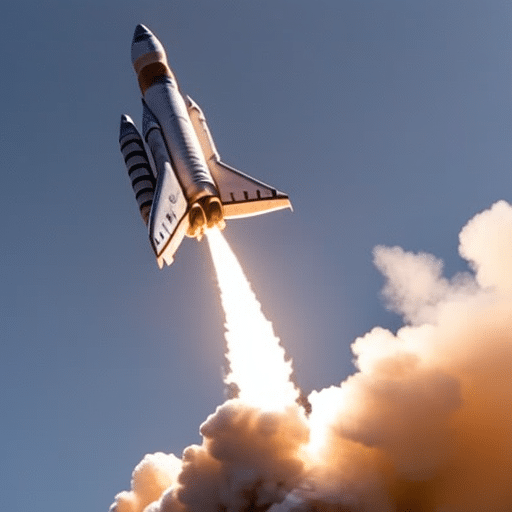  of a rocket taking off with XRP coins flying out of its exhaust, reaching for $500 in the stars