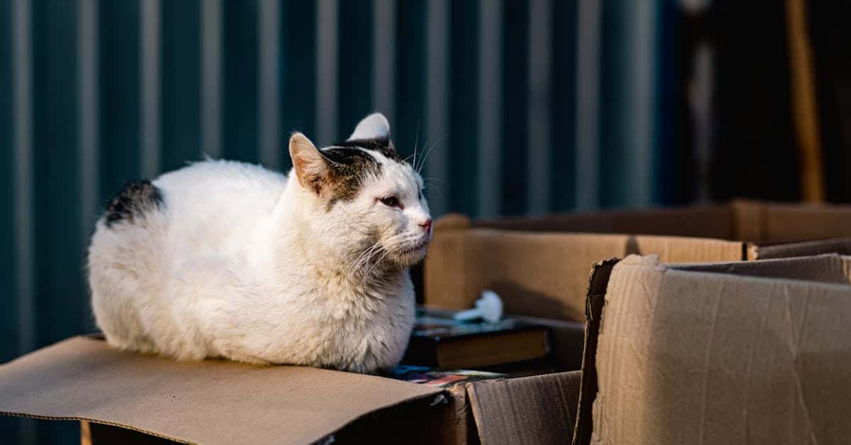 a white and black cat sitting on top of a box 1