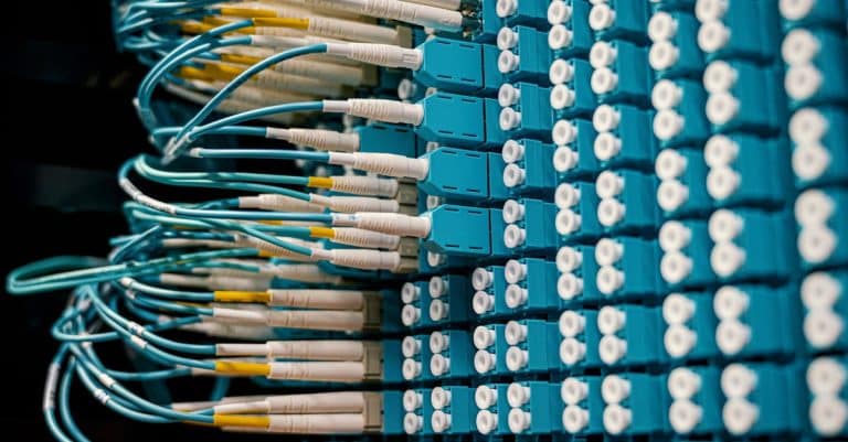 close-up-of-a-network-patch-panel-with-connected-blue-fiber-optic-cables