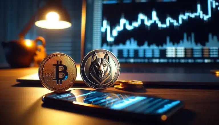 floki-inu-and-shiba-inu-cryptocurrency-coins-side-by-side-on-desk-with-trading-chart