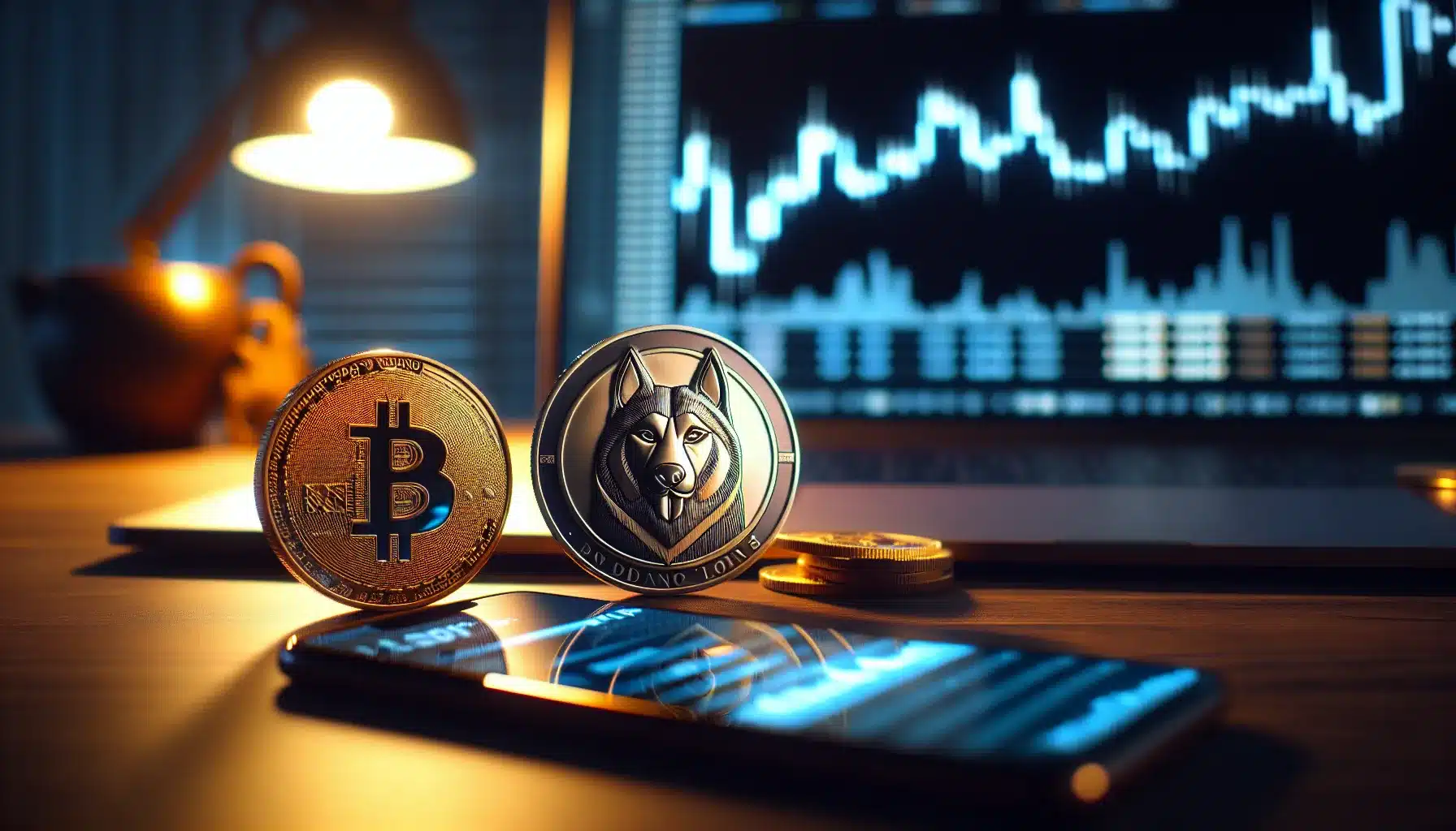 floki-inu-and-shiba-inu-cryptocurrency-coins-side-by-side-on-desk-with-trading-chart