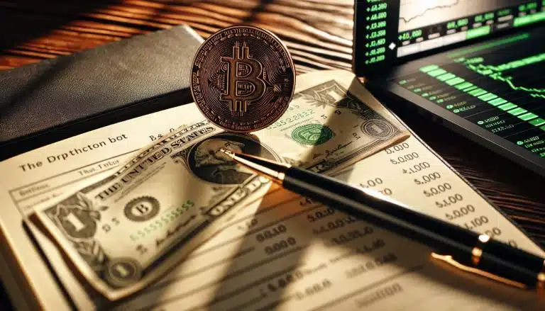 floki-inu-cryptocurrency-coin-next-to-a-one-dollar-bill-on-a-desk-with-financial-charts