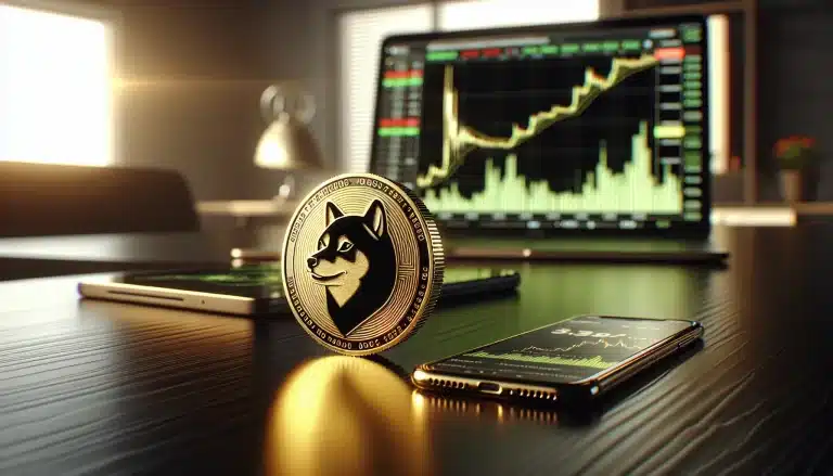 floki-inu-cryptocurrency-coin-on-desk-with-price-charts-on-laptop-screen