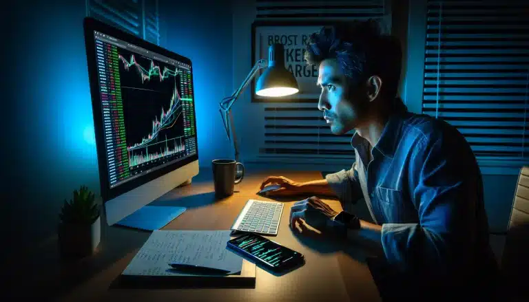 investor-analyzing-floki-inu-cryptocurrency-chart-on-computer-screen-in-home-office-at-night