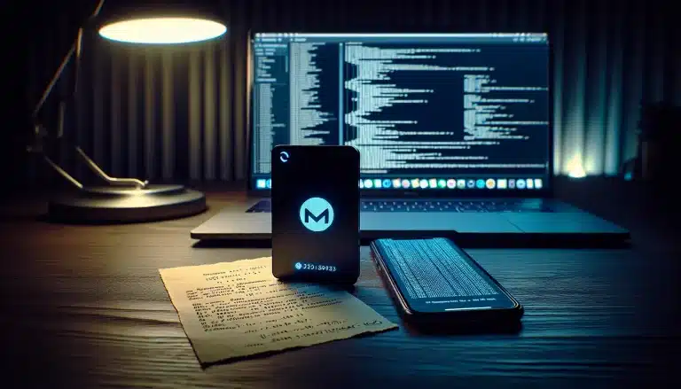 hardware-cryptocurrency-wallet-and-seed-phrase-on-desk-with-laptop-showing-privacy-software