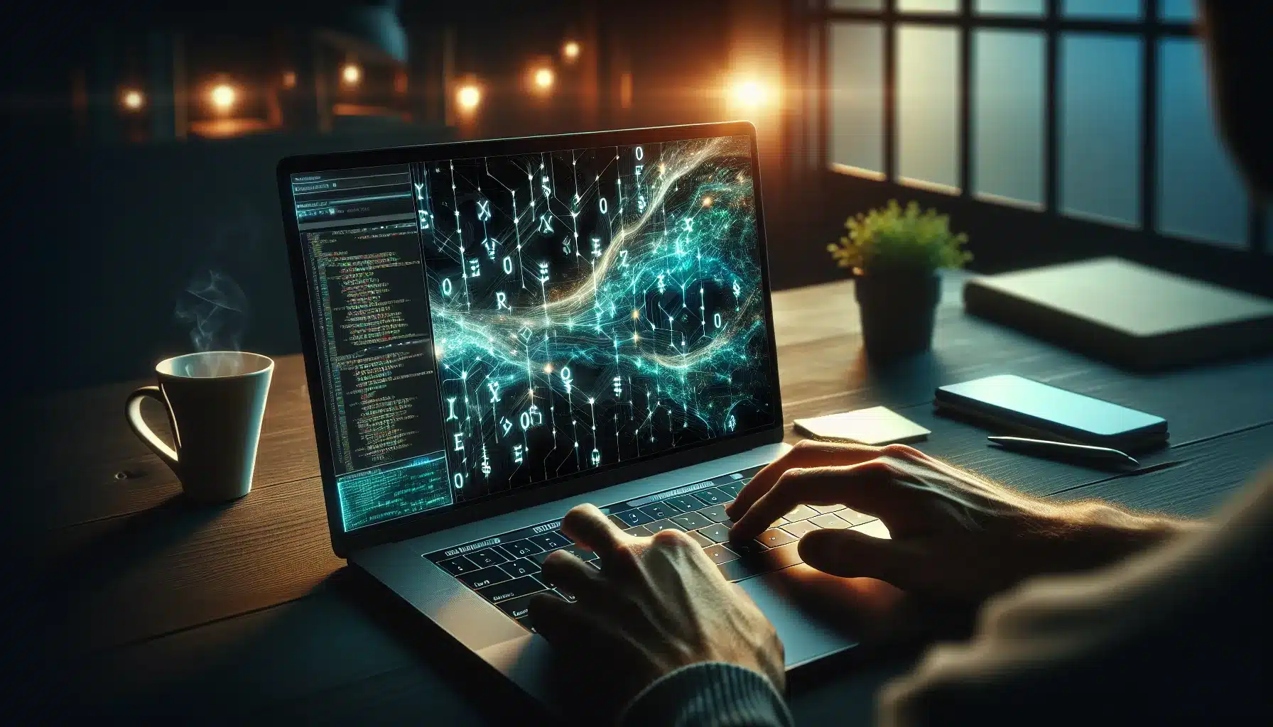 person-typing-on-laptop-displaying-encrypted-cryptocurrency-code-in-home-office-setting